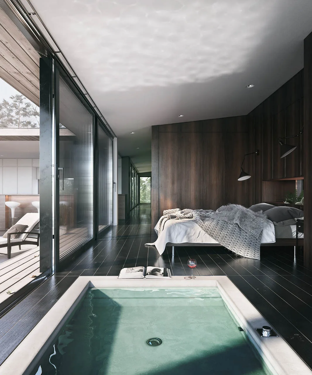 ujecie na basen i sypialnię w nowoczesnym wnętrzu domu jednorodzinnego