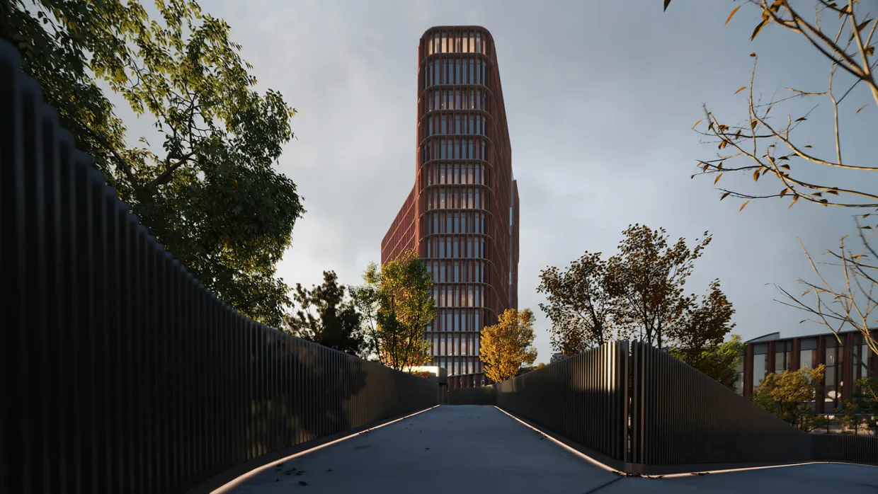 Kadr z animacji architektonicznej wieżowca w Kopenhadze. Ujęcie pokazujące kładkę pieszą