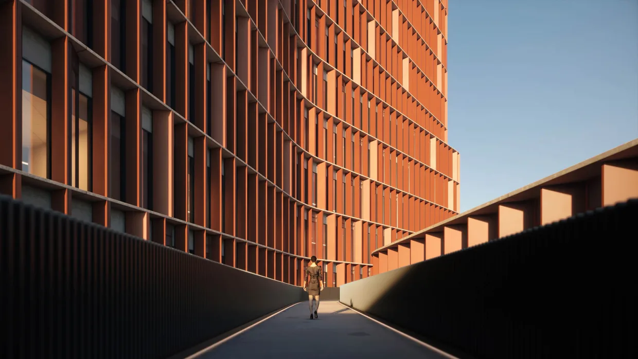 Kadr z animacji architektonicznej wieżowca w Kopenhadze. Ujęcie na elewację z kładki pieszej