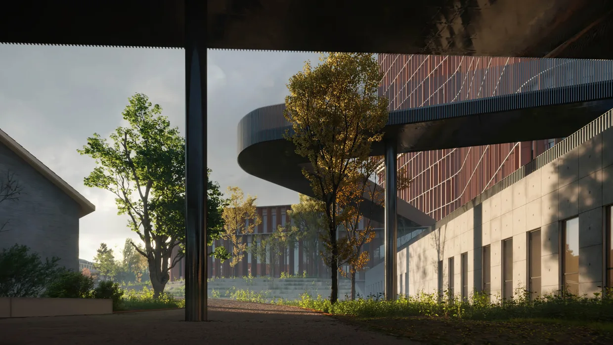 Kadr z animacji architektonicznej wieżowca w Kopenhadze. Ujęcie kładki pieszej