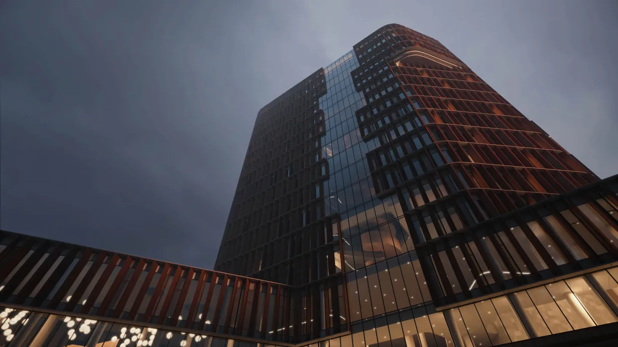 Kadr z animacji architektonicznej wieżowca w Kopenhadze. Wieczorne ujęcie głównej wieży