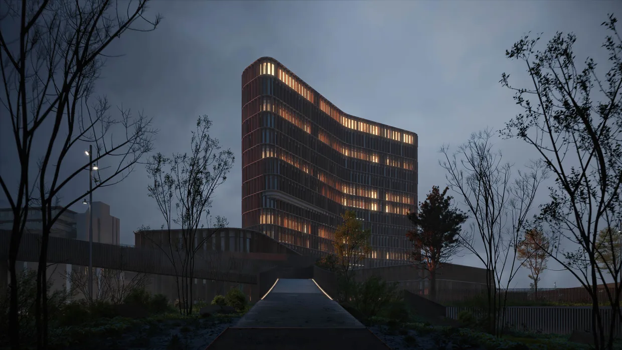 Kadr z animacji architektonicznej wieżowca w Kopenhadze. Wieczorne ujęcie wejścia na kładkę pieszą