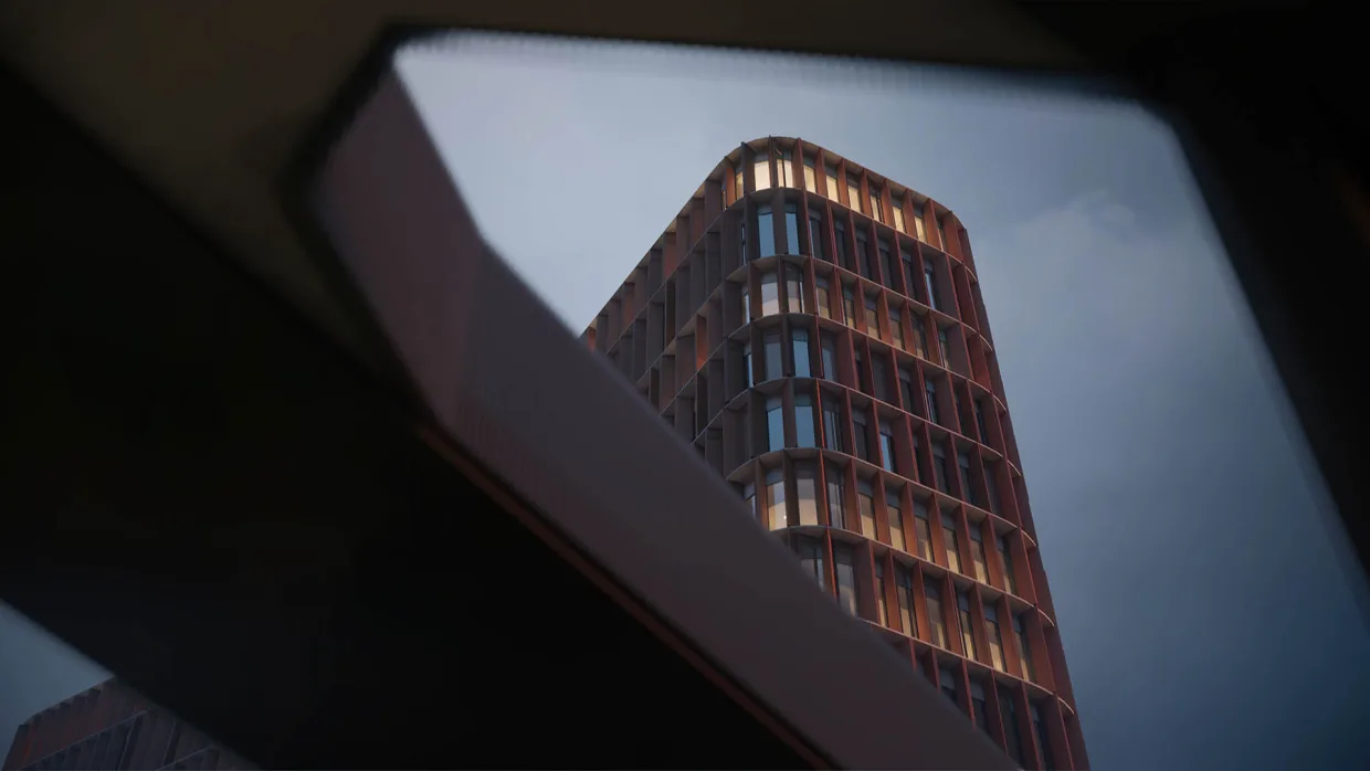 Kadr z animacji architektonicznej wieżowca w Kopenhadze. Wieczorne ujęcie szczytu wieży.