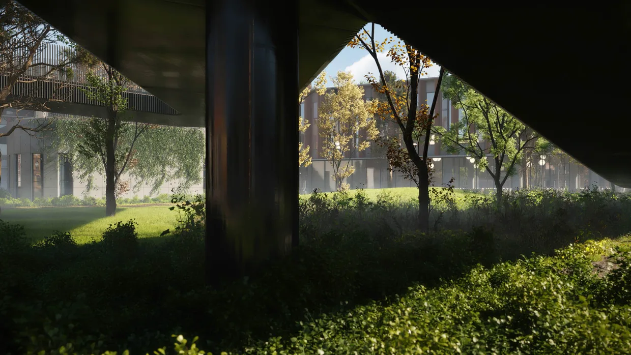 Kadr z animacji architektonicznej wieżowca w Kopenhadze. Zbliżenie na zieleń z budynkiem w tle