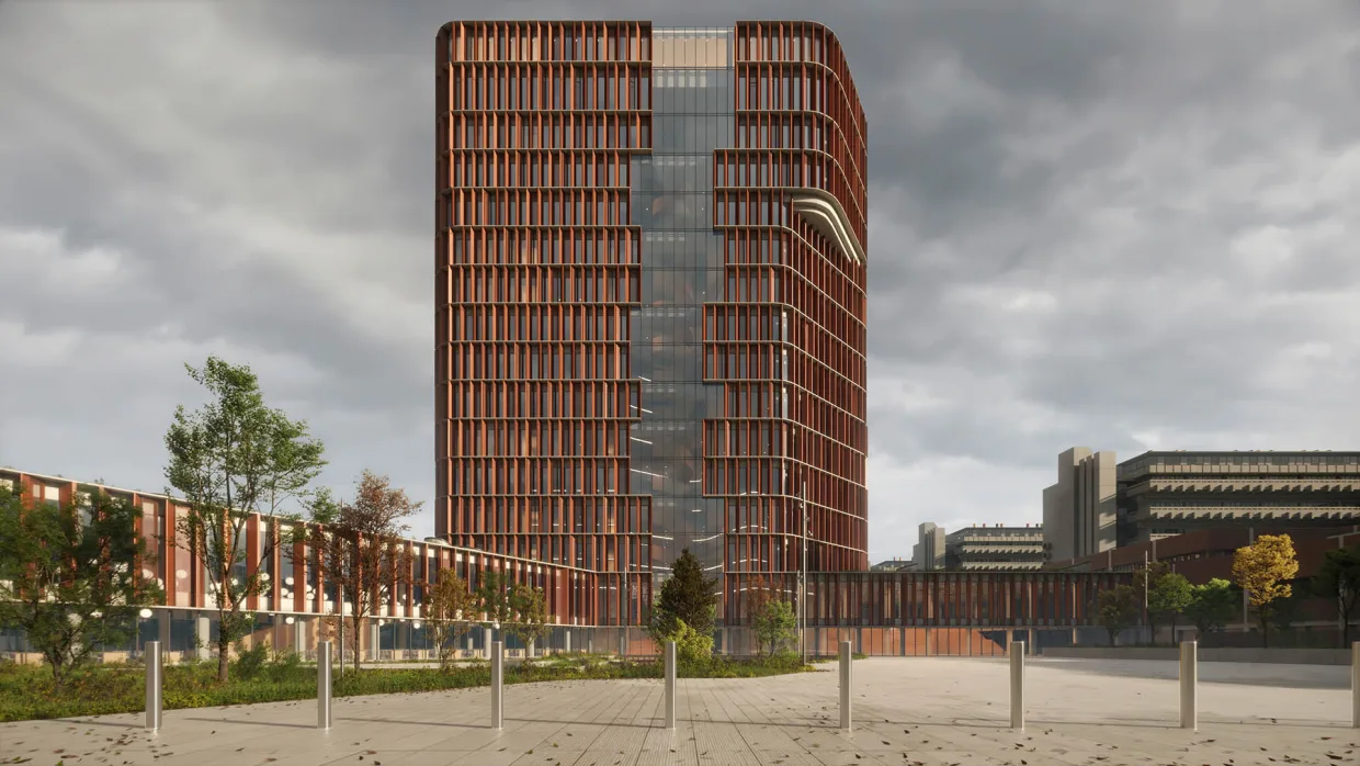 Kadr z animacji architektonicznej wieżowca w Kopenhadze. Dzienne ujęcie głównej wieży