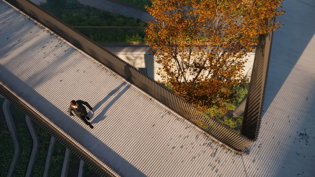 Kadr z animacji architektonicznej wieżowca w Kopenhadze.Ujęcie z góry na kładkę pieszą