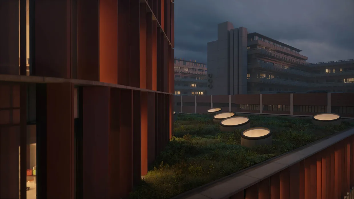 Kadr z animacji architektonicznej wieżowca w Kopenhadze. Wizualizacja fragmentu elewacji i świetlików na dachu