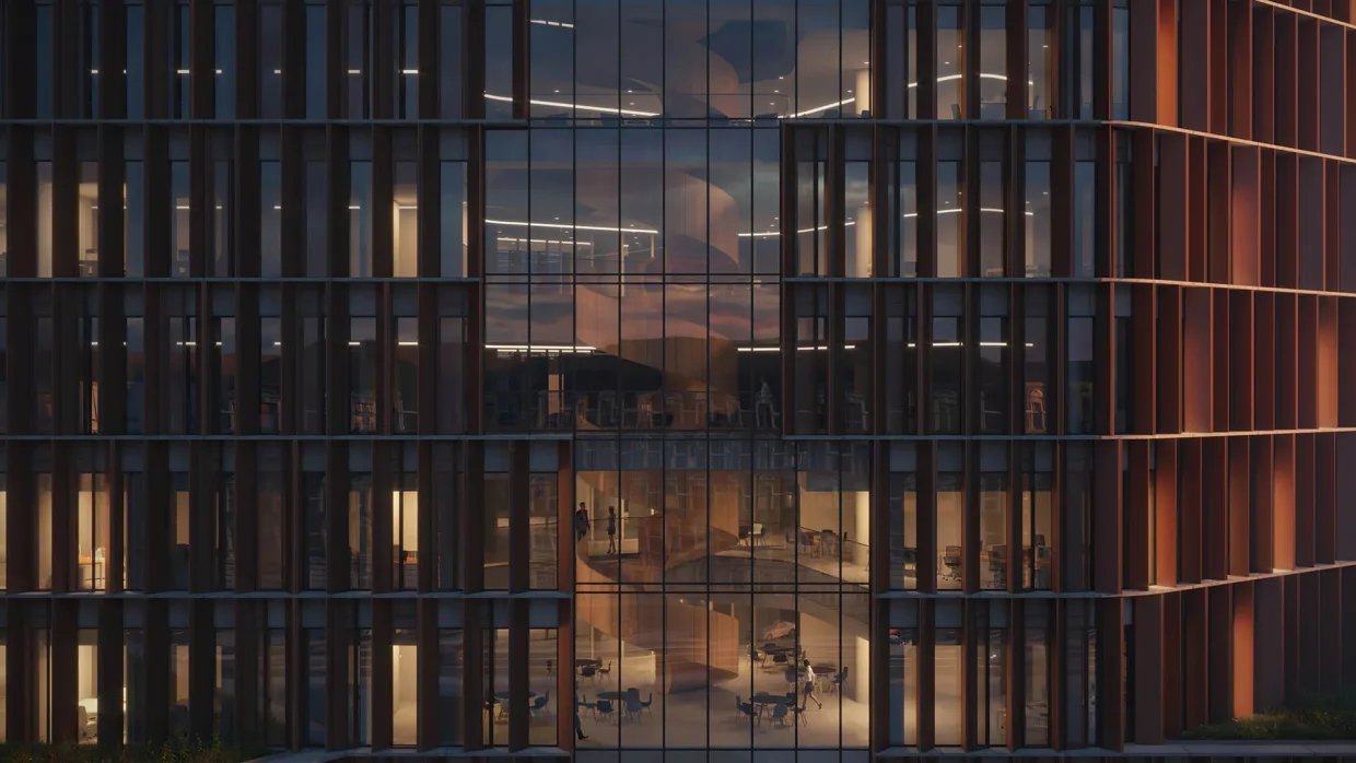 Kadr z animacji architektonicznej wieżowca w Kopenhadze. Wizualizacja Fragmentu elewacji wejściowej