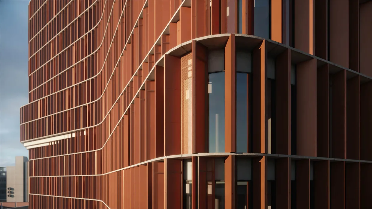 Kadr z animacji architektonicznej wieżowca w Kopenhadze. Wizualizacja fragmentu elewacji