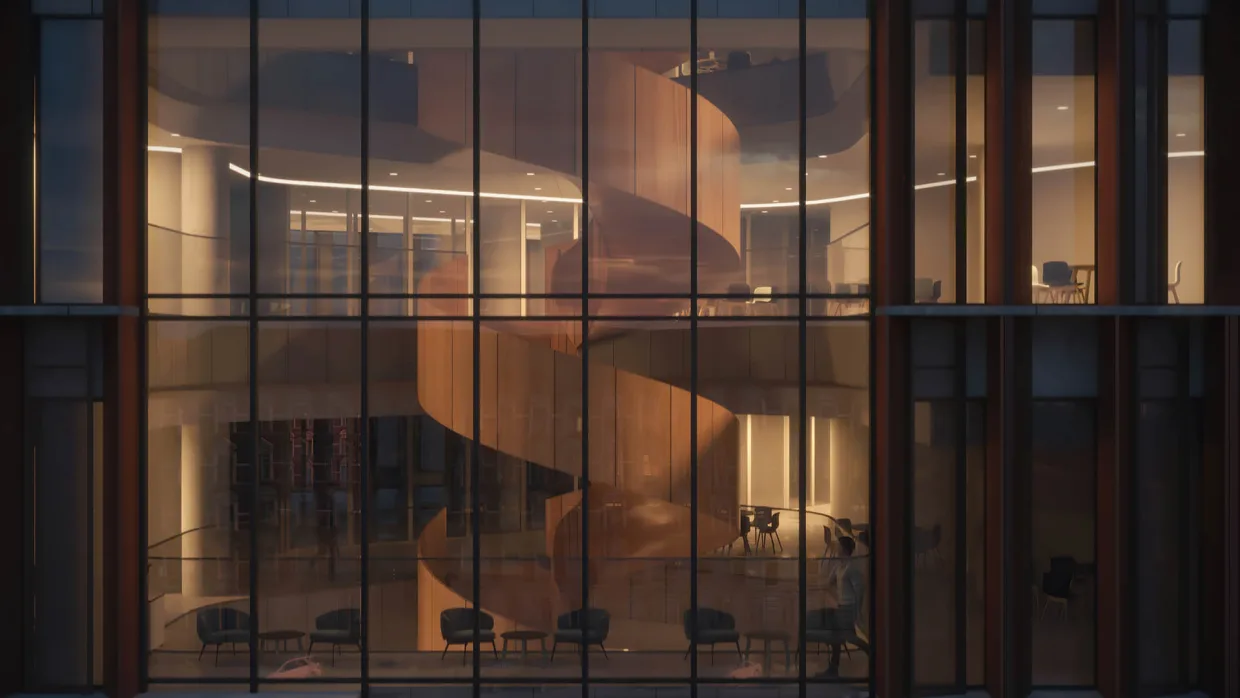 Kadr z animacji architektonicznej wieżowca w Kopenhadze. Wizualizacja wewnętrznej klatki schodowej