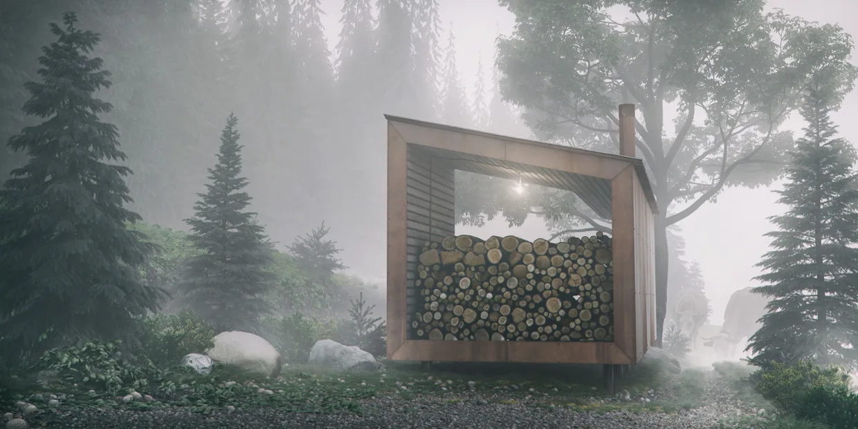 Mglista wizualizacja architektoniczna budki ze składem drewna w lesie, klimatyczne ujęcie z drzewami spowitymi gęstą mgłą