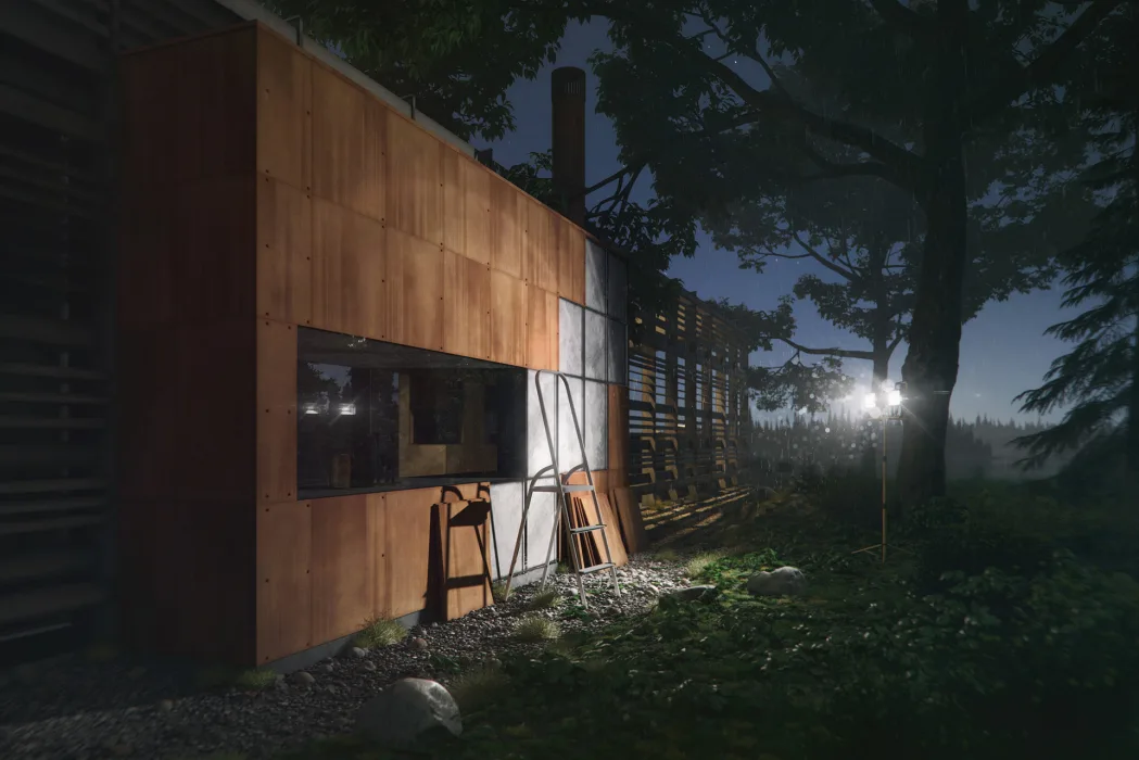 Nocna wizualizacja skandynawskiego domu, fragment elewacji pokryty kortenem jest w trakcie montażu oświetlony mocnym sztucznym światłem reflektoru
