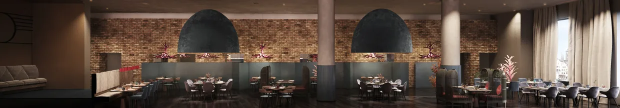 panoramiczna wizualizacja sali restauracyjnej w Gdańsku, iepłe wnętrze z ceglanymi ścianami i olbrzymie kopułowej lampy nad stolikami