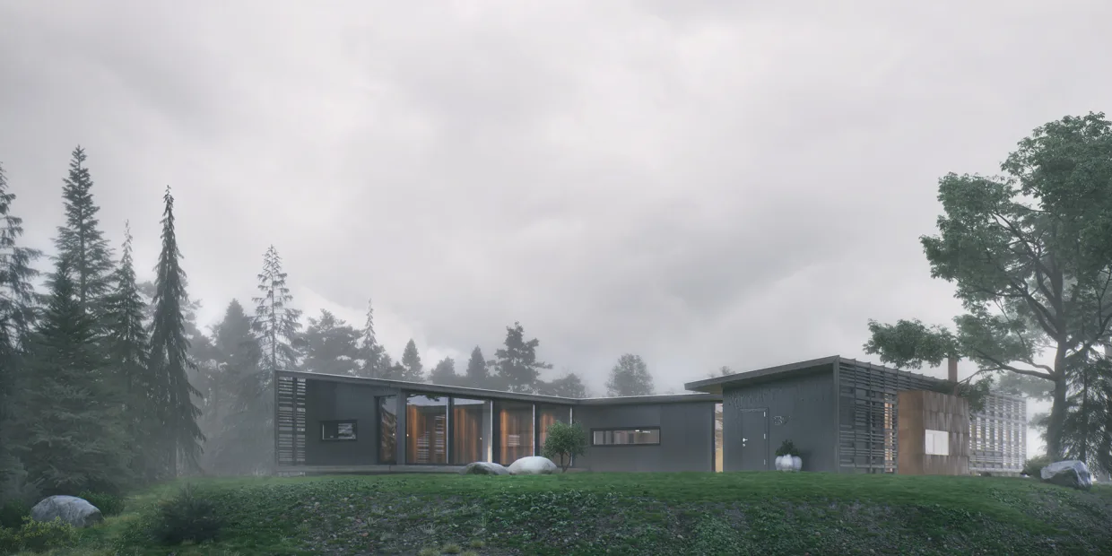 Pochmurna wizualizacja skandynawskiego domu na wzniesieniu, elewacja jest pokryta ciemnym drewnem, w tle widać iglasty las, wszystko jest spowite mgłą
