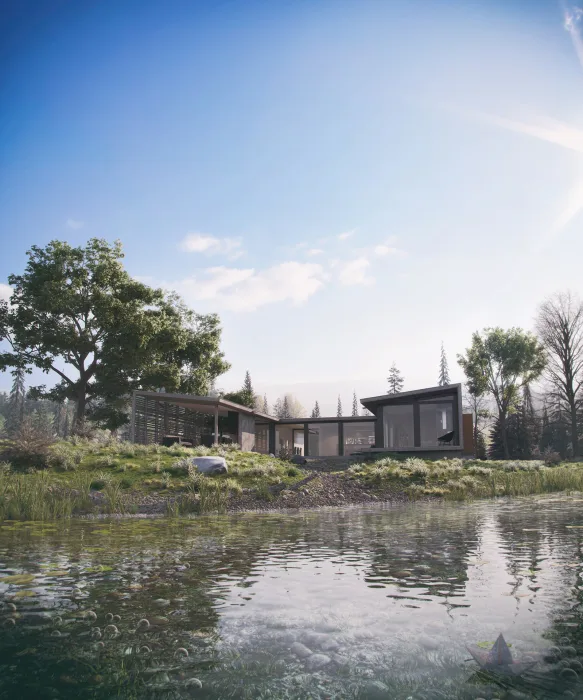 wizualizacja architektoniczna skandynawskiego domu, ujęcie znad tafli jeziora z domem otoczonym przez zieleń w tle