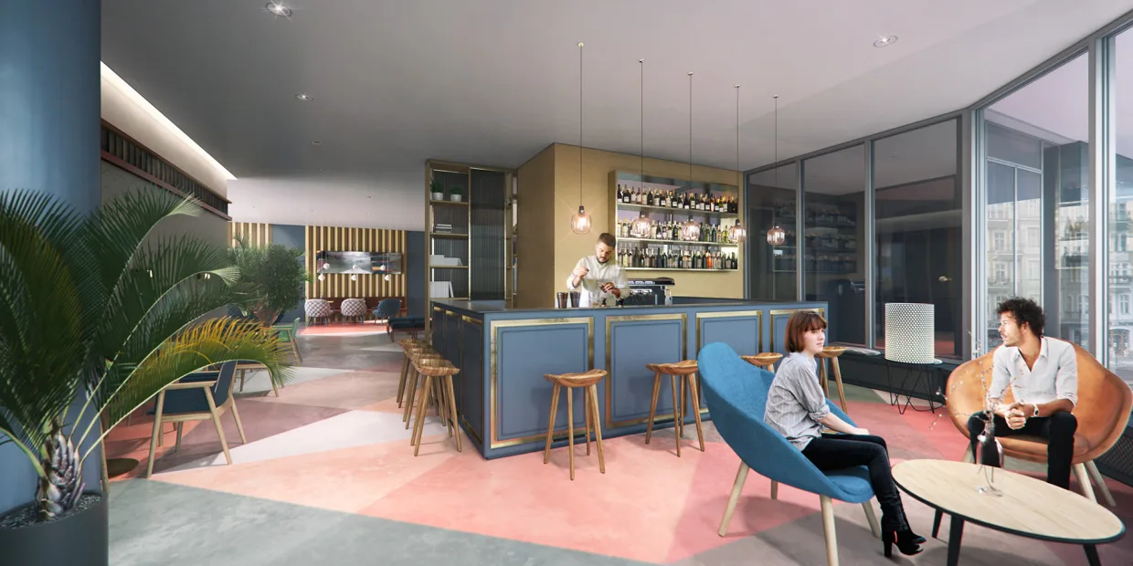 Wizualizacja-hotelowego baru, kolorowa posadzka w geometryczne wzory, widok na kolorowe fotele i bar