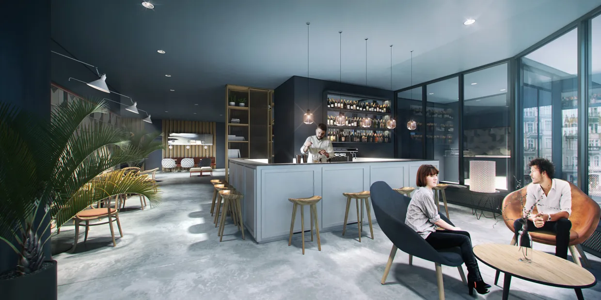 Wizualizacja hotelowego baru w zimnej kolorystyce, lada baru stoi na betonowej posadzce, na pierwszym planie stoją fotele i stolik kawowy