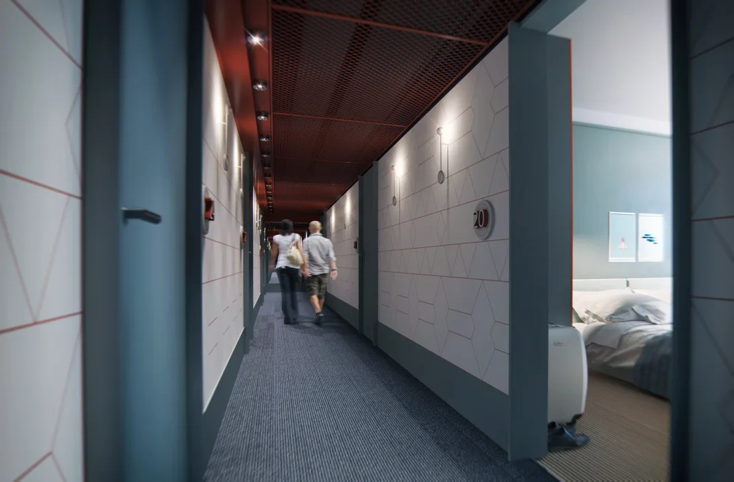 Wizualizacja korytarza w hotelu, zimna kolorystyka ścian i podłogi kontrastuje z czerwoną siatką na suficie, drzwi do jednego pokoju są otwarte i widać w nim łóżko na tle niebieskiej ściany