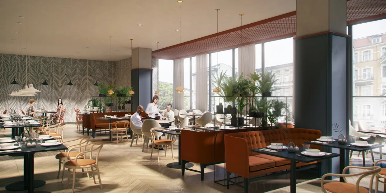Wizualizacje wnętrza hotelowej sali restauracyjnej, ciepła kolorystyka z drewnianą podłogą i rudymi meblami, sala jest wypełniona ludźmi i roślinnością