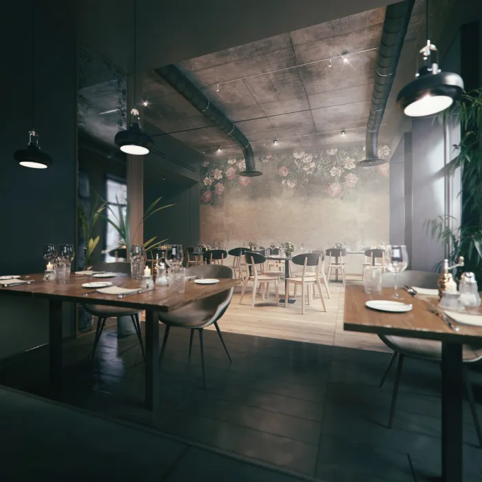 Wizualizacja restauracji w Sopocie, ciemne i klimatyczne wnętrze, drewniane stoliki na pierwszym planie i tapeta w kwiaty widoczna z tyłu