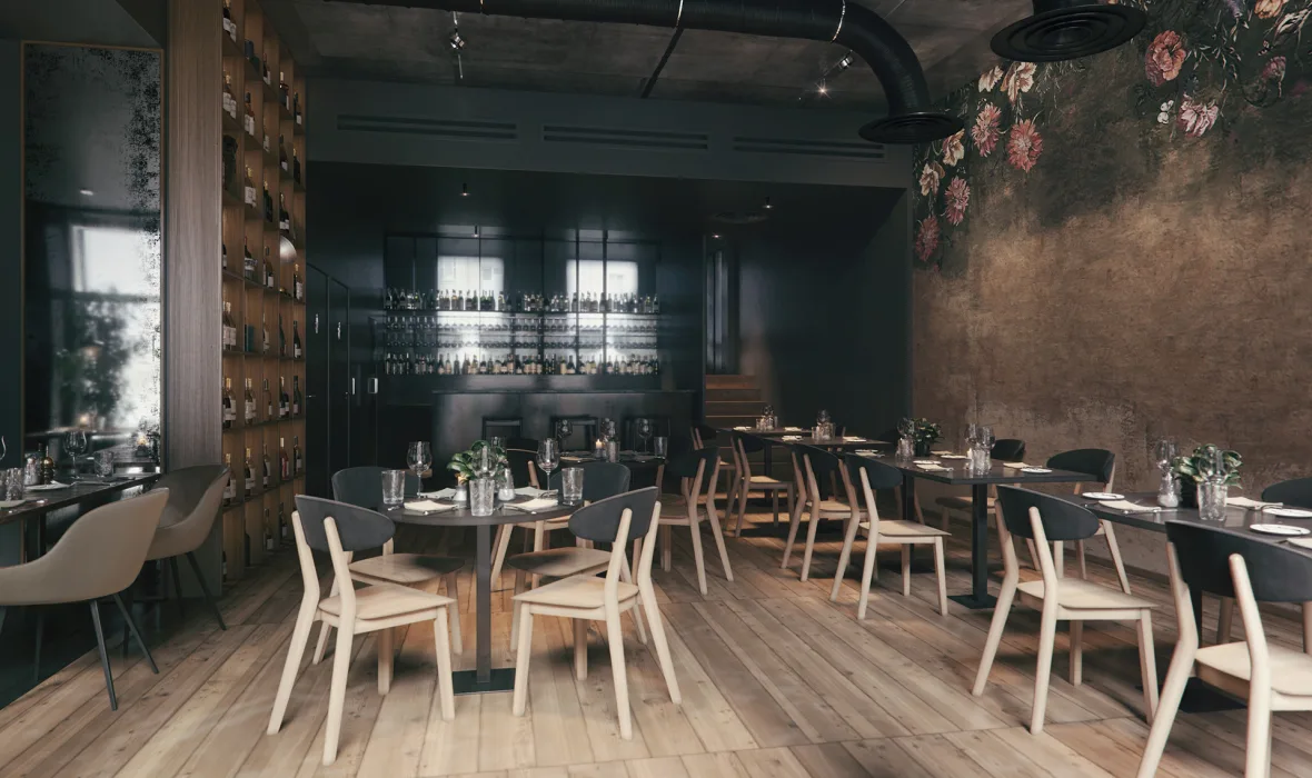 Wizualizacja restauracji w Sopocie, ciemne i klimatyczne wnętrze z drewnianą podłogą i tapetą w kwiaty