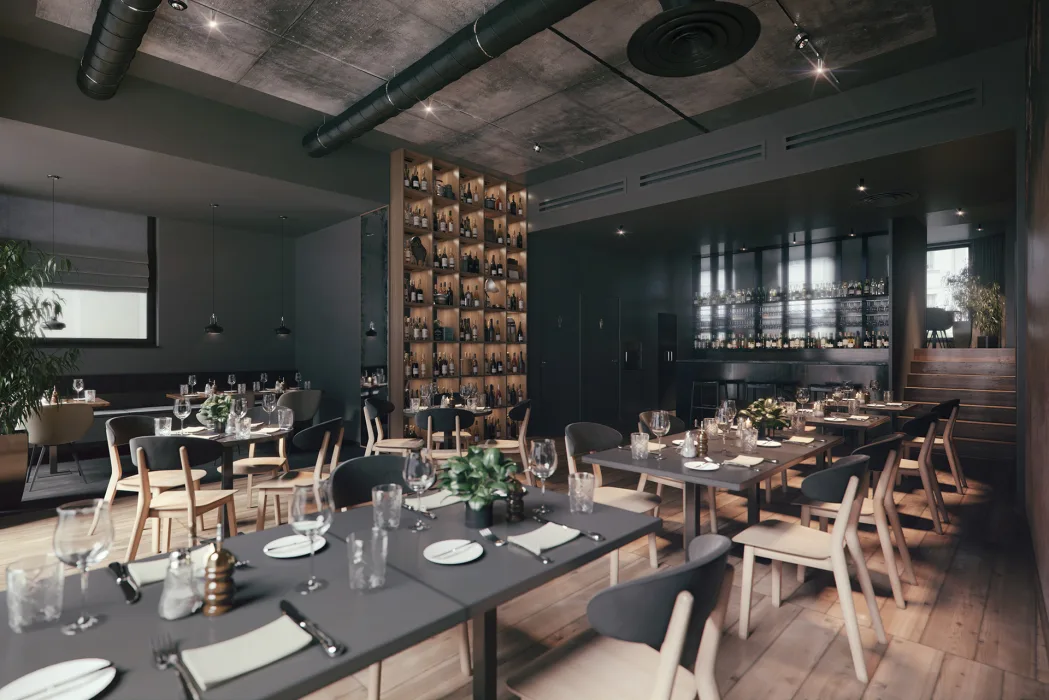 Wizualizacja restauracji w Sopocie, ciemne i klimatyczne wnętrze, czarne blaty stolików na pierwszym planie, w tle jest widoczna drewniana półka na wino i bar