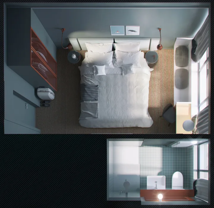 Wizualizacja pokoju hotelowego w zimnej kolorystyce, widok z góry na łóżko i łazienkę